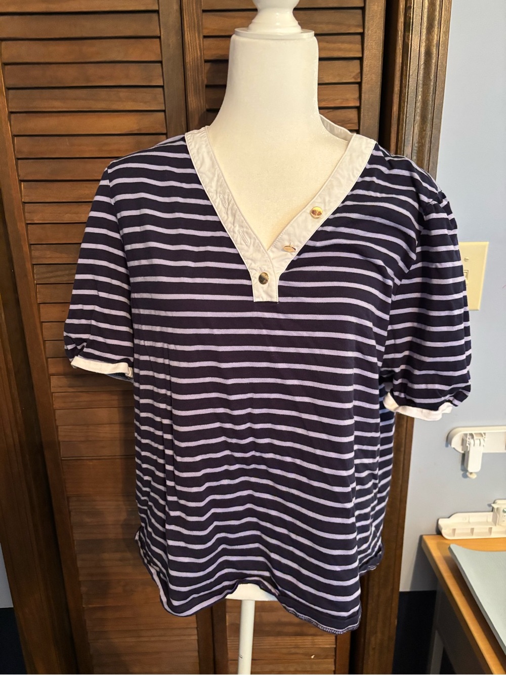 Draper James Navy and lilac Striped V-Neck Short Sleeve Tee